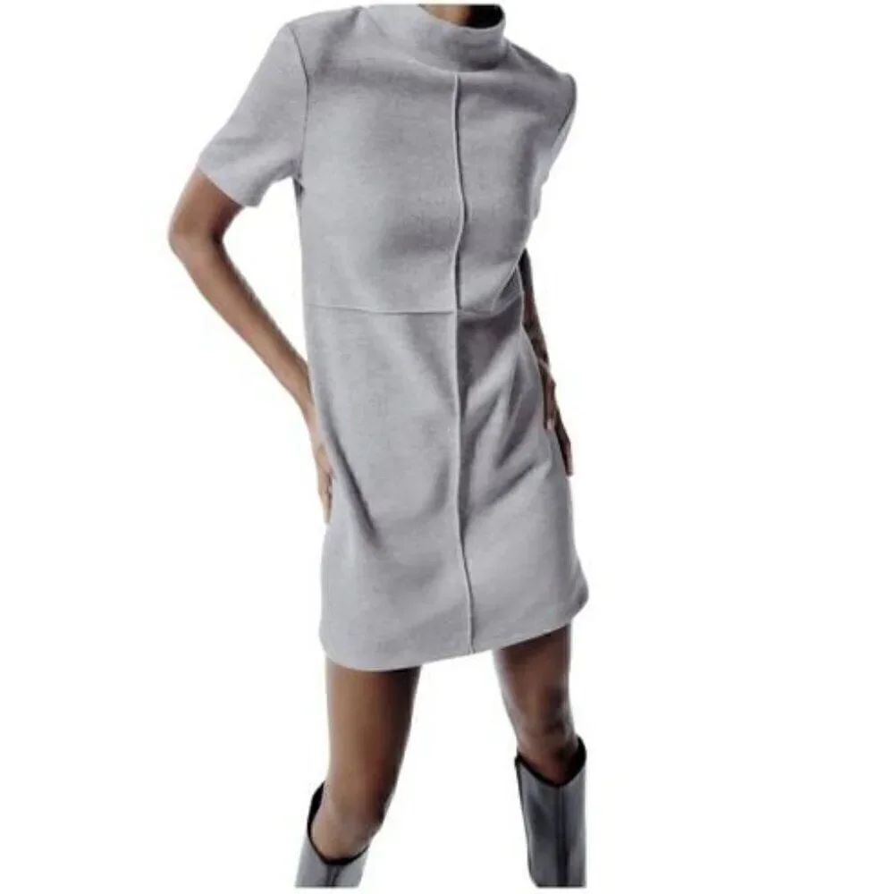 NWOT Zara Women's Cream Mock Neck Short Sleeve Mini Dress